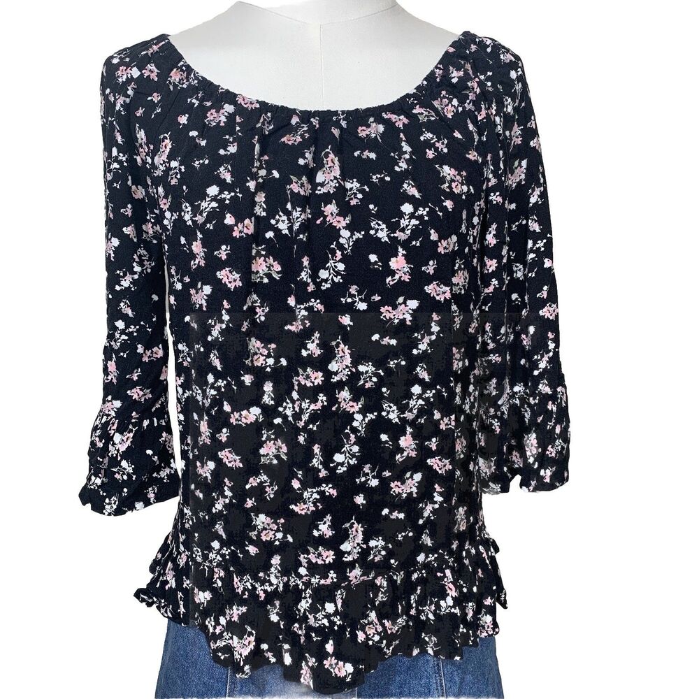 Faded Glory Floral Blouse Womens S Black Pink Ruffle HemBell Sleeve FFFGL37401PR